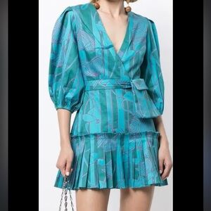 Alexis Sakura Blue Green Tropical Pleated Puff Sleeve Mini Dress Sz M READ